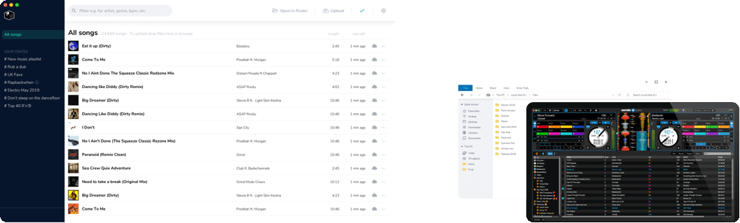 The My DJ Cloud desktop app showing a DJ’s full music library synced to the cloud