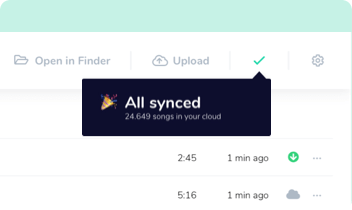 “All synced” notification — every song backed up to the cloud